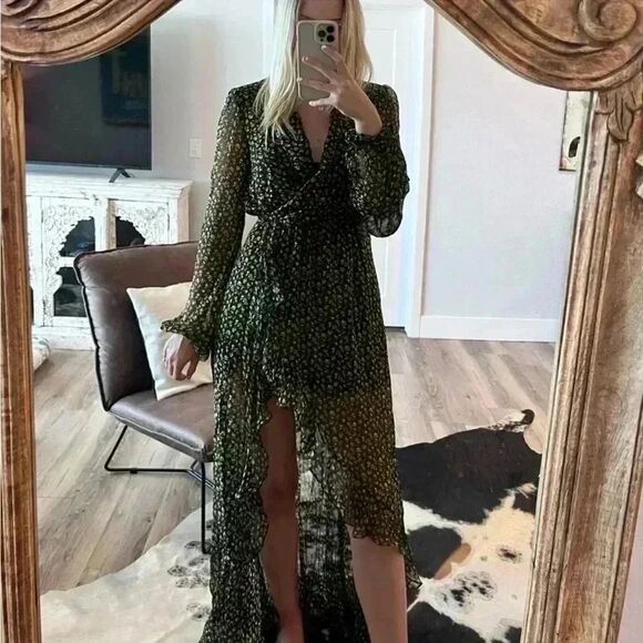 CAROLINE CONSTAS Vivian Winter Rose Black Floral Full Length 100% Silk Dress XS - Picture 11 of 15